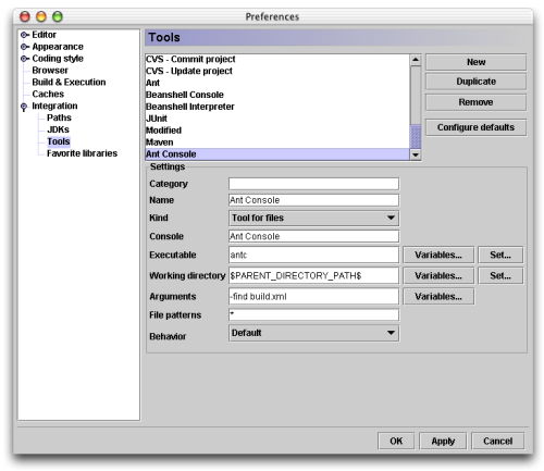 Tools configuration window